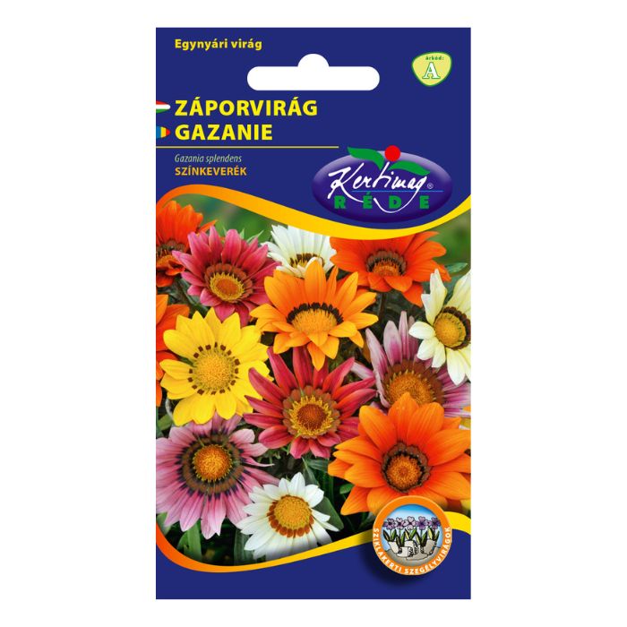 Záporvirág színkeverék – Gazania splendens (egynyári) A záporvirág margarétaszerű, élénk színű virágokkal díszít egész nyáron. A virágok jellemzően csak napfényben nyílnak ki, ezért napos helyen adja a legszebb látványt. Alacsony termetű, bővirágzású, jó szegélynövény, sziklakertbe és napos virágágyba is kiváló. Szárazságtűrő, a jó vízáteresztő talajokat kedveli. Magvetés: I–III. Virágzás: VI–IX. Magasság: kb. 30 cm Ajánlott tőtávolság: 20 × 20 cm
